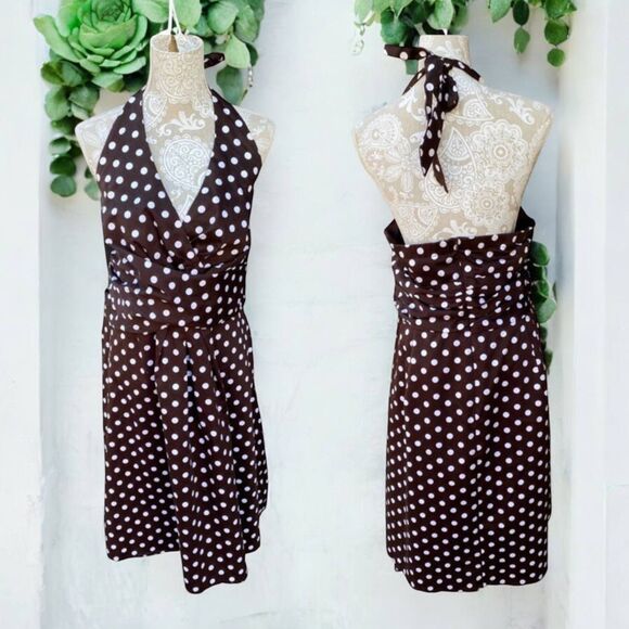 Vtg KSL Stretchy Dress Size 20 Brown White Polka Dot Pin Up Retro Halter Midi - Picture 1 of 12